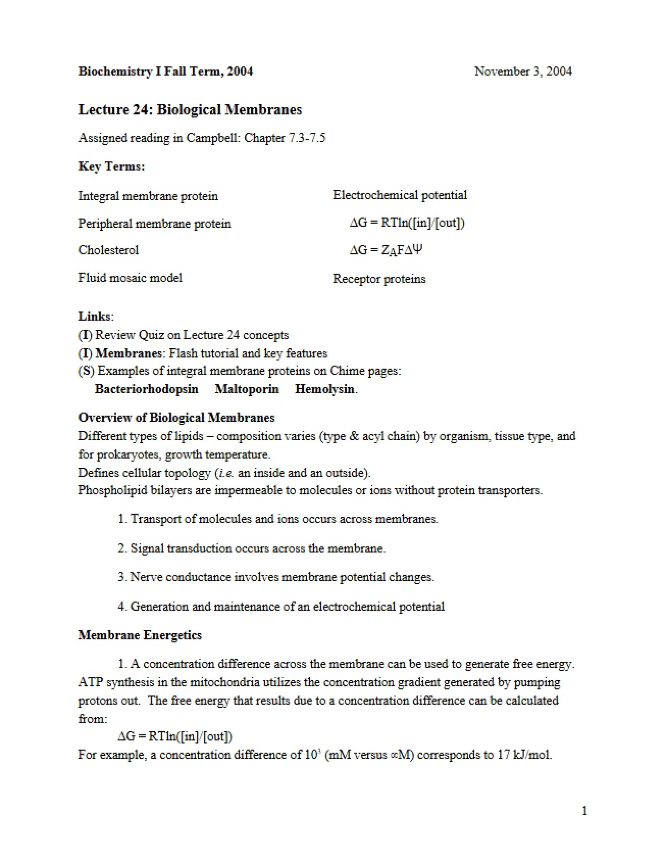Biochemistry I Lecture Five