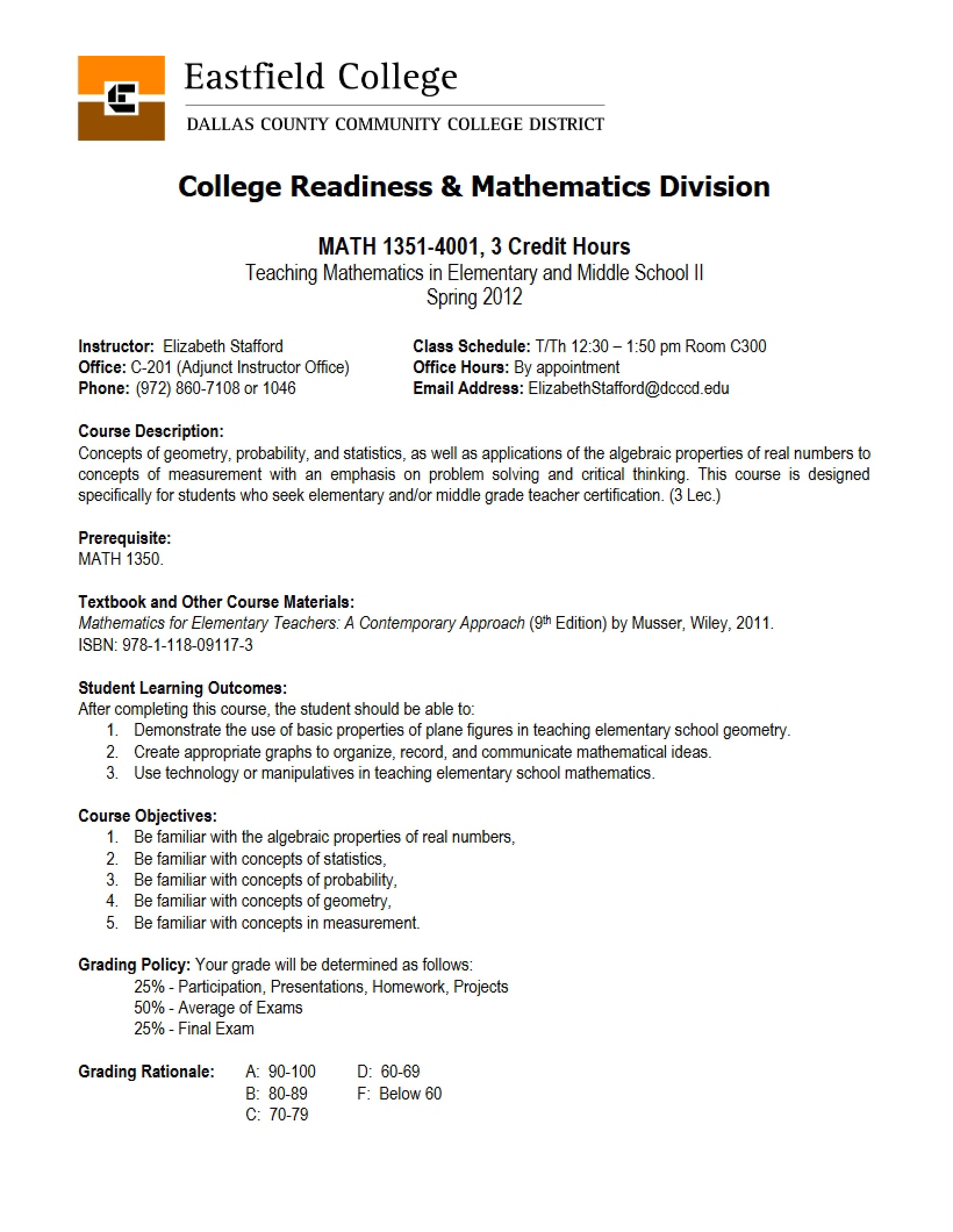 Syllabus for Fundamentals of Mathematics II - Fundamentals Of Mathematics II