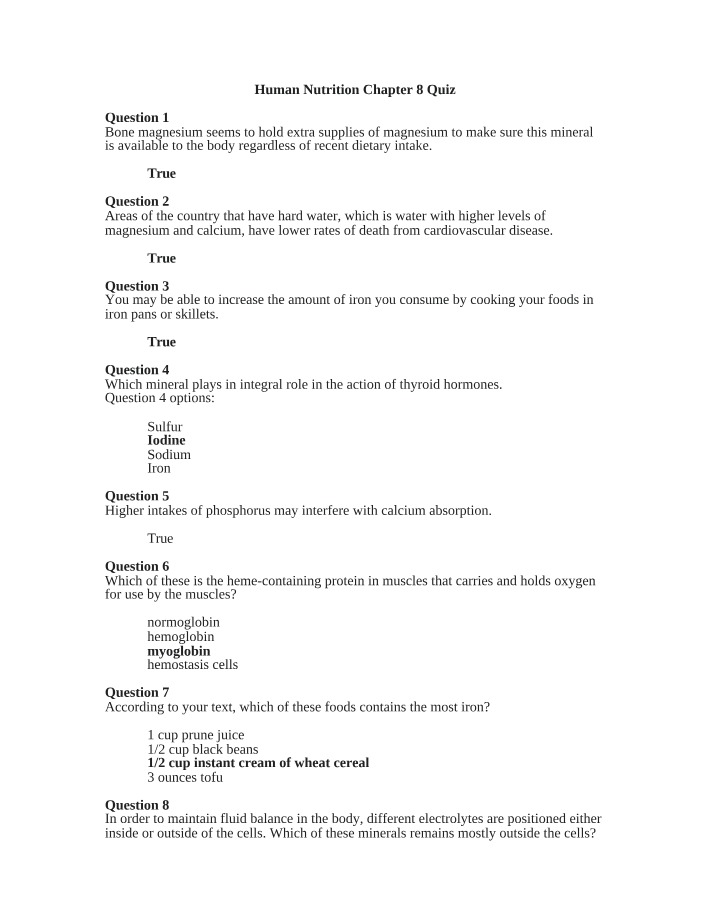Chapter 8 Quiz on Human Nutrition