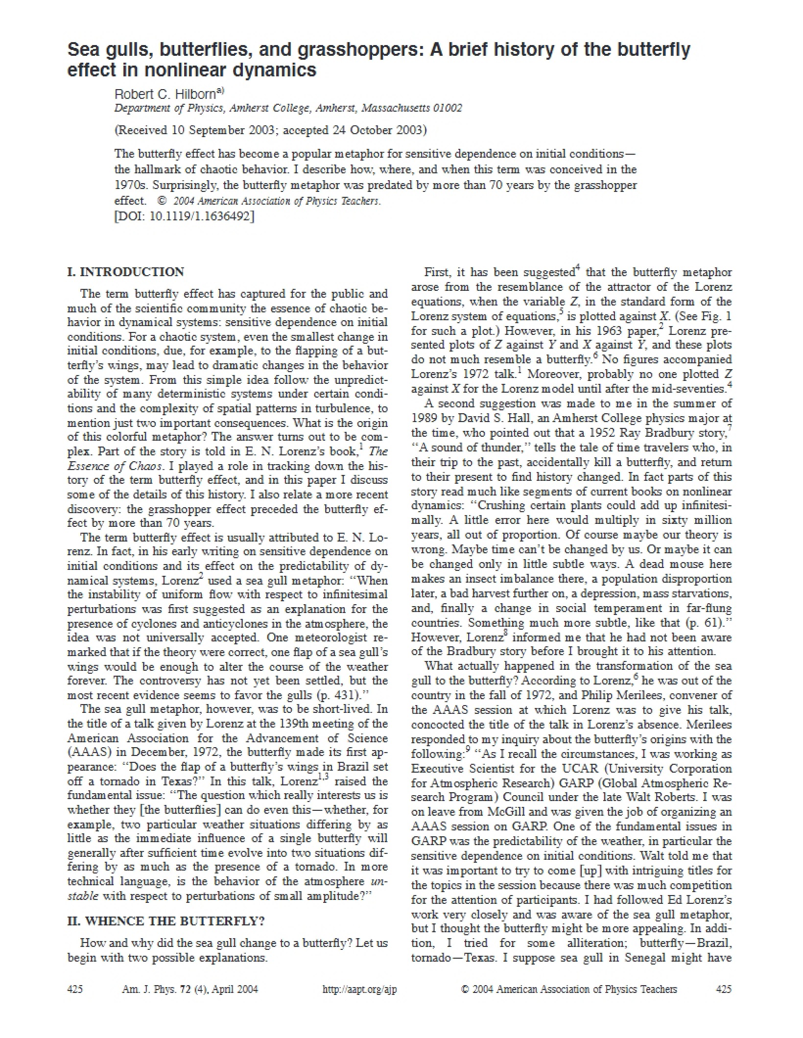 Nonlinear Dynamics History of the Butterfly Effect