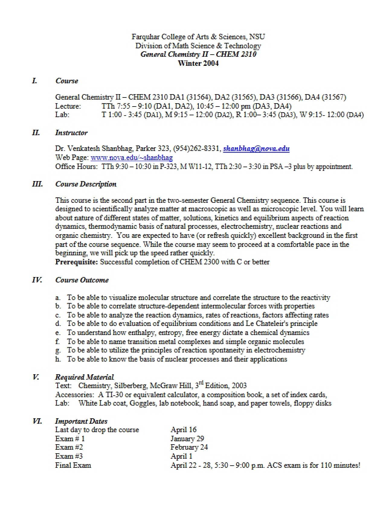 General Chemistry II Lab Syllabus