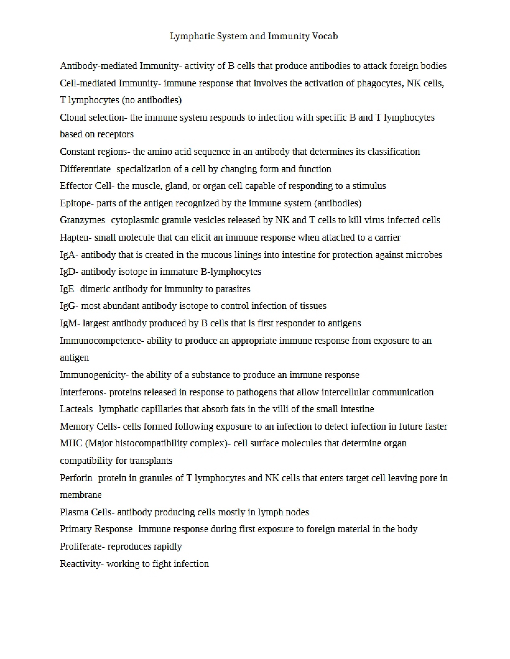 Vocabulary for Immunity and Lymphatic System