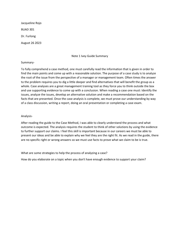 Case Method Guide Summary - BUAD 301