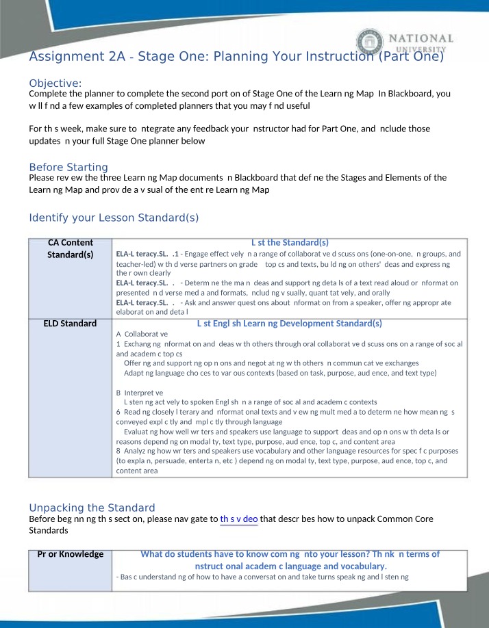 Assignment 2A Stage One - Planning Your Instruction