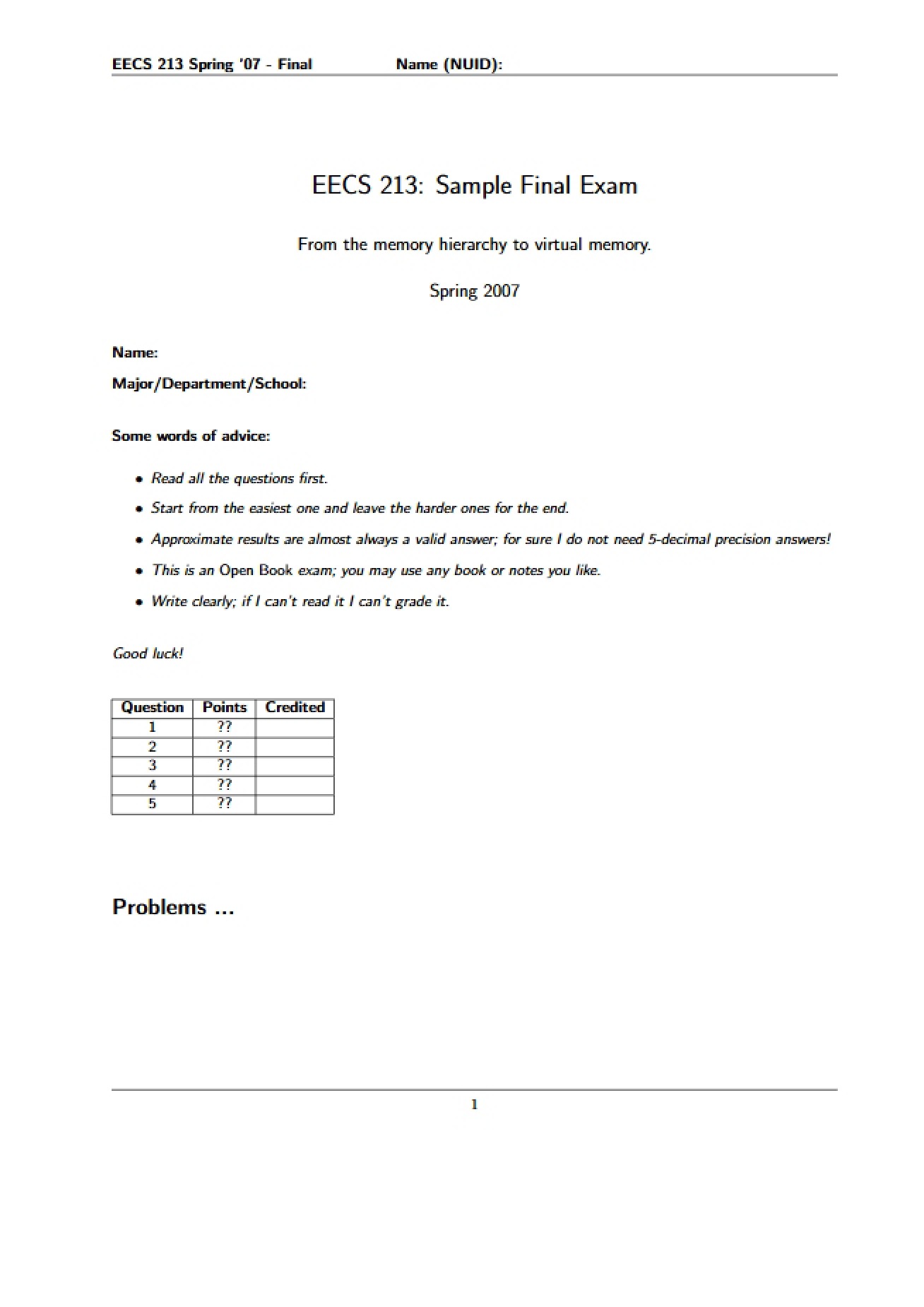 Sample Exam for Final