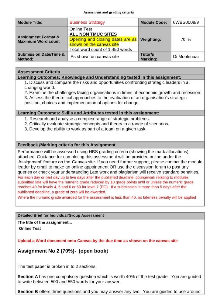 Business Strategy Assessment and Grading Criteria