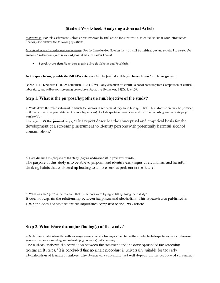 Student Worksheet for Analyzing a Journal Article
