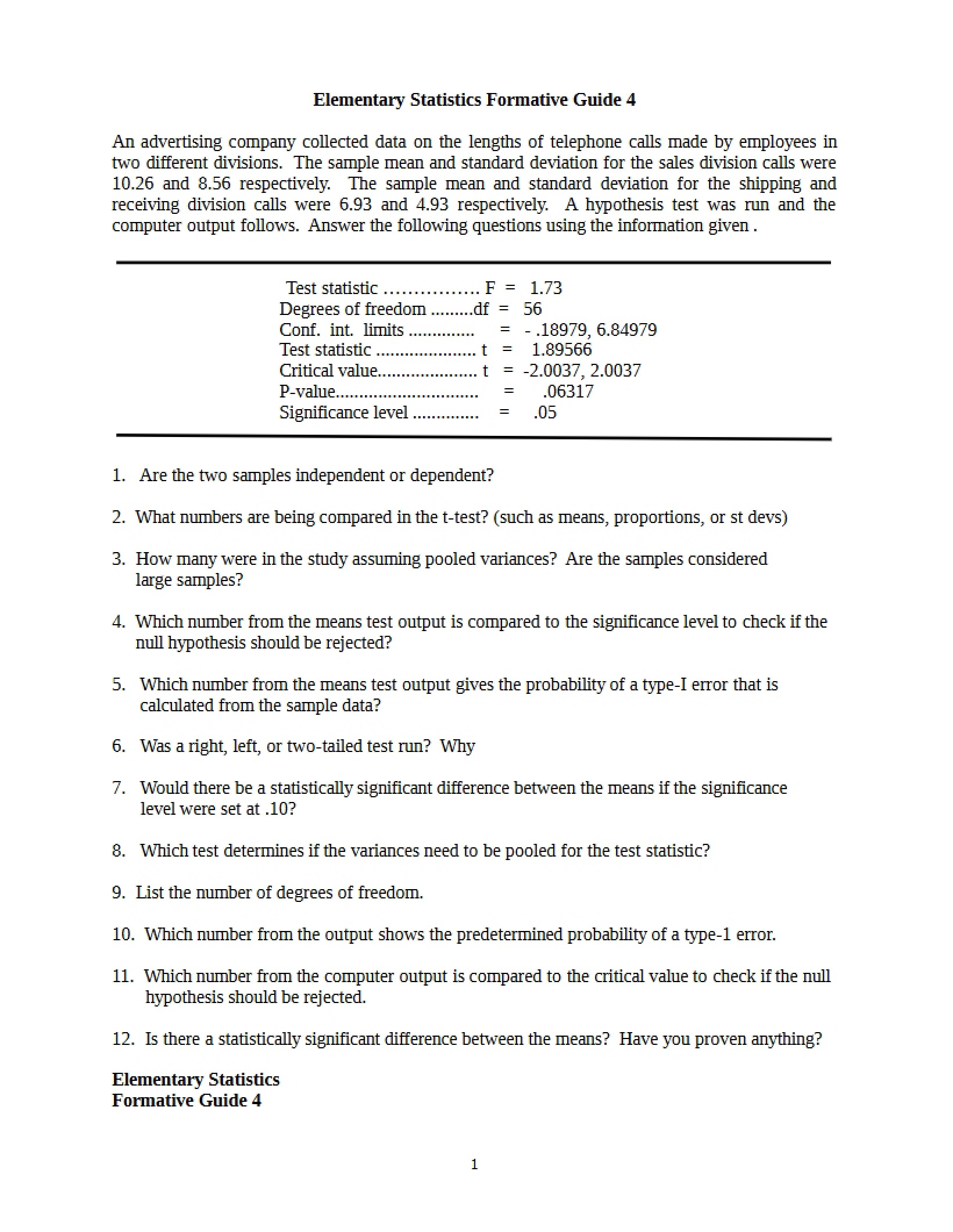 Formative Guide 4 Elementary Stats