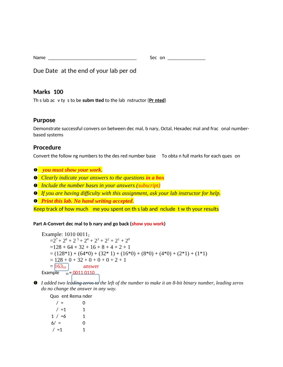 Lab on Number Base Conversion