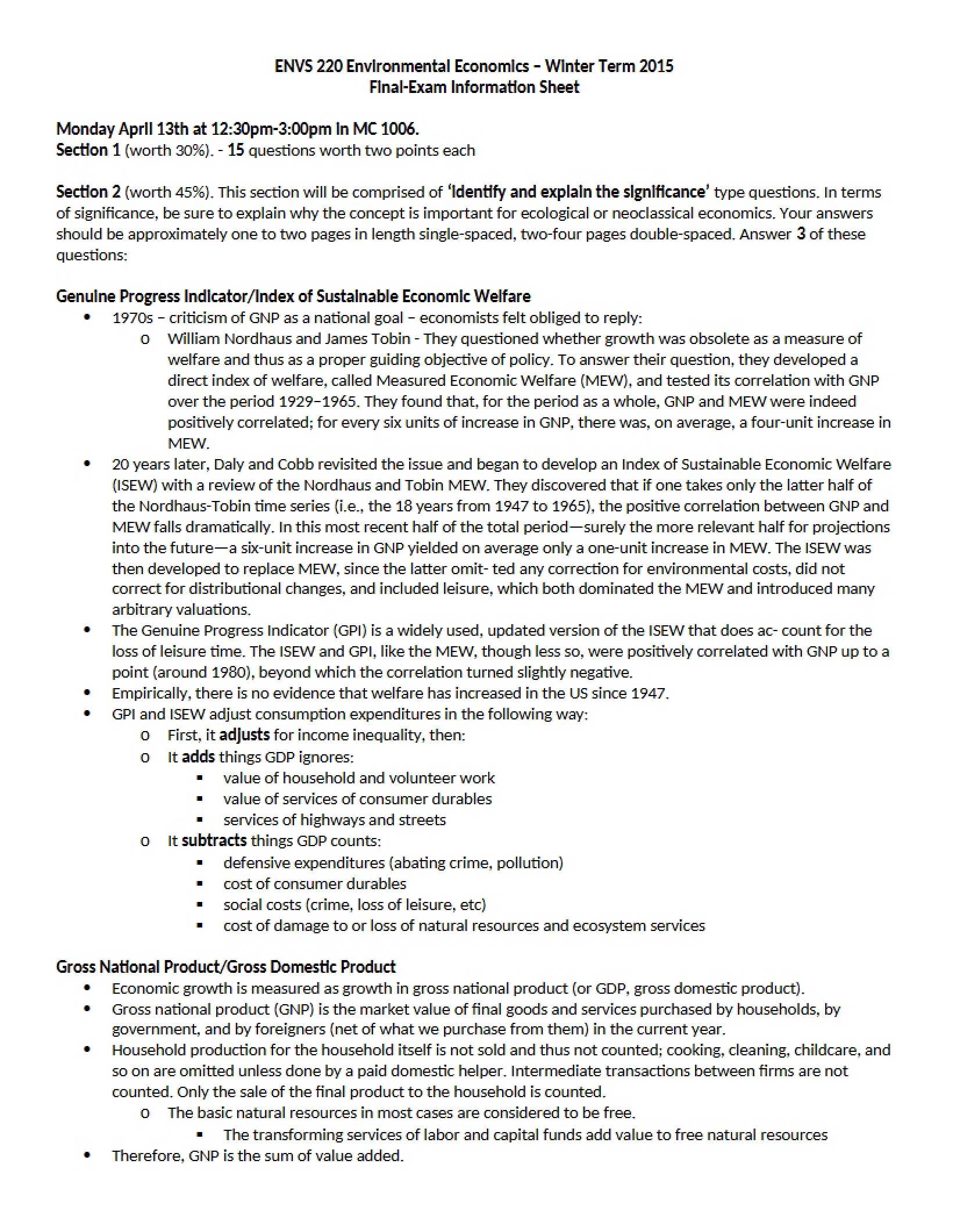 Information Sheet for Final Exam