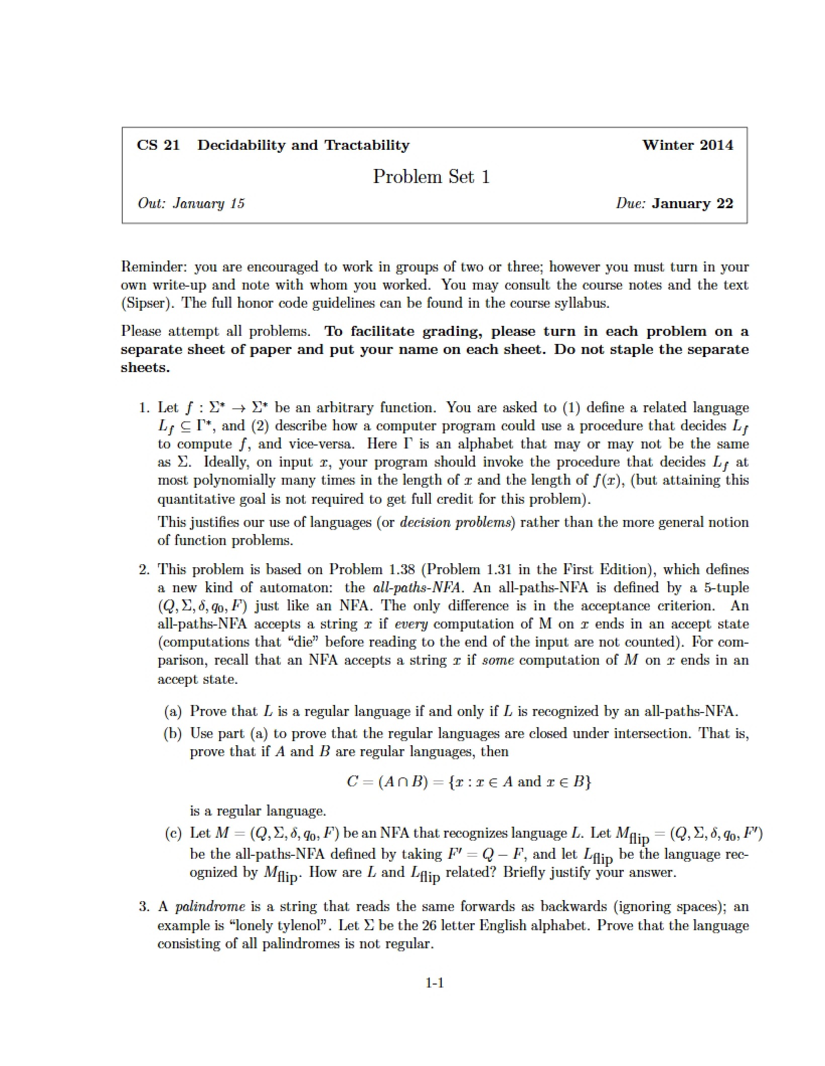 Problem Set One