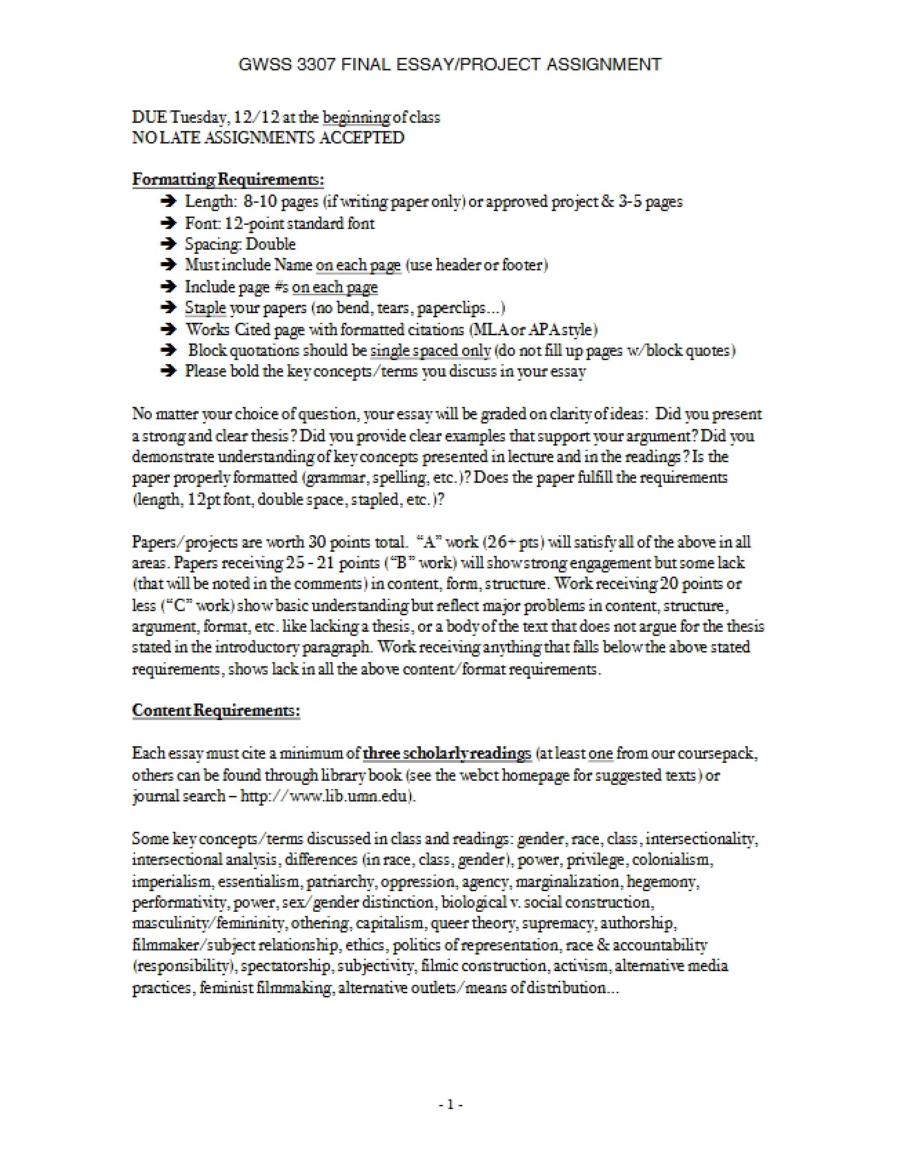 Assignment for Final Essay Project
