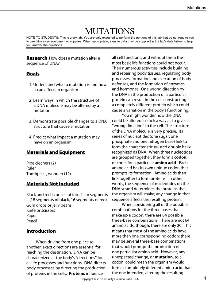 Impact of Mutations on Organisms - Lab