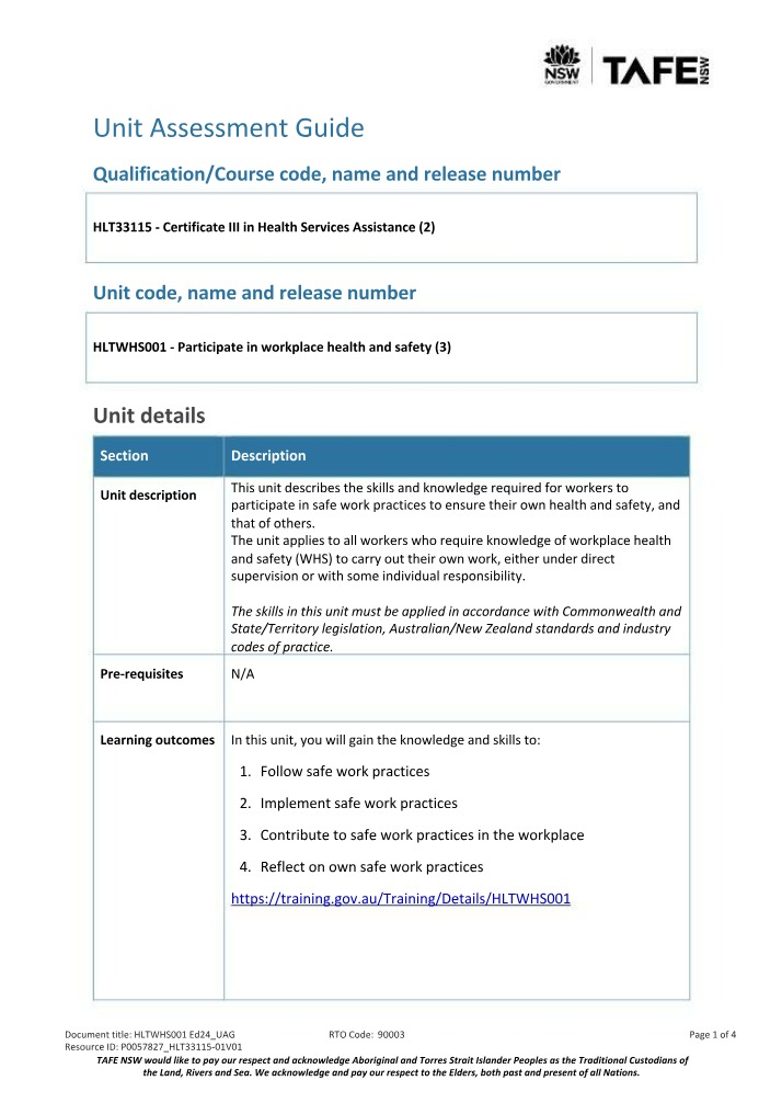 HLTWHS001 - Unit Assessment Guide