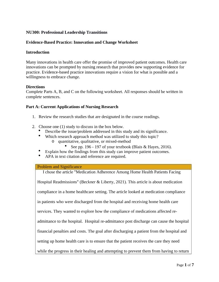 Worksheet on Evidence-Based Practice, Innovation, and Change