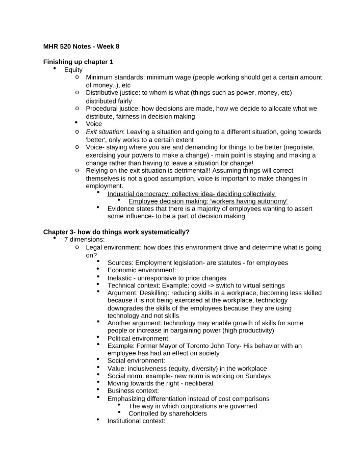 Week 8 Notes for MHR 520