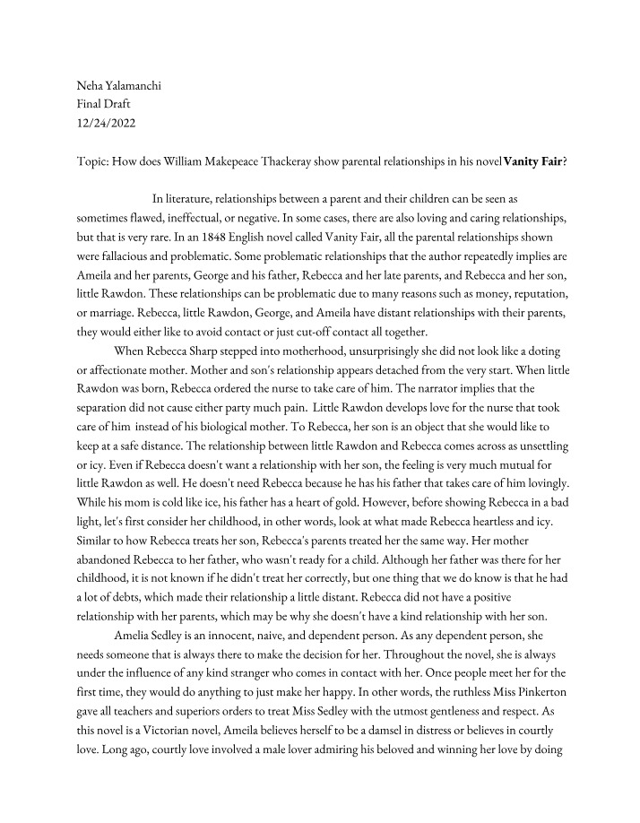 William Makepeace Thackeray's Portrayal of Parental Relationships