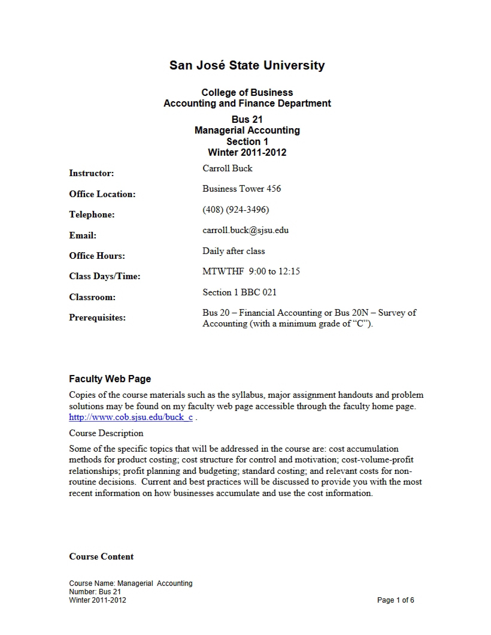 Managerial Accounting Syllabus