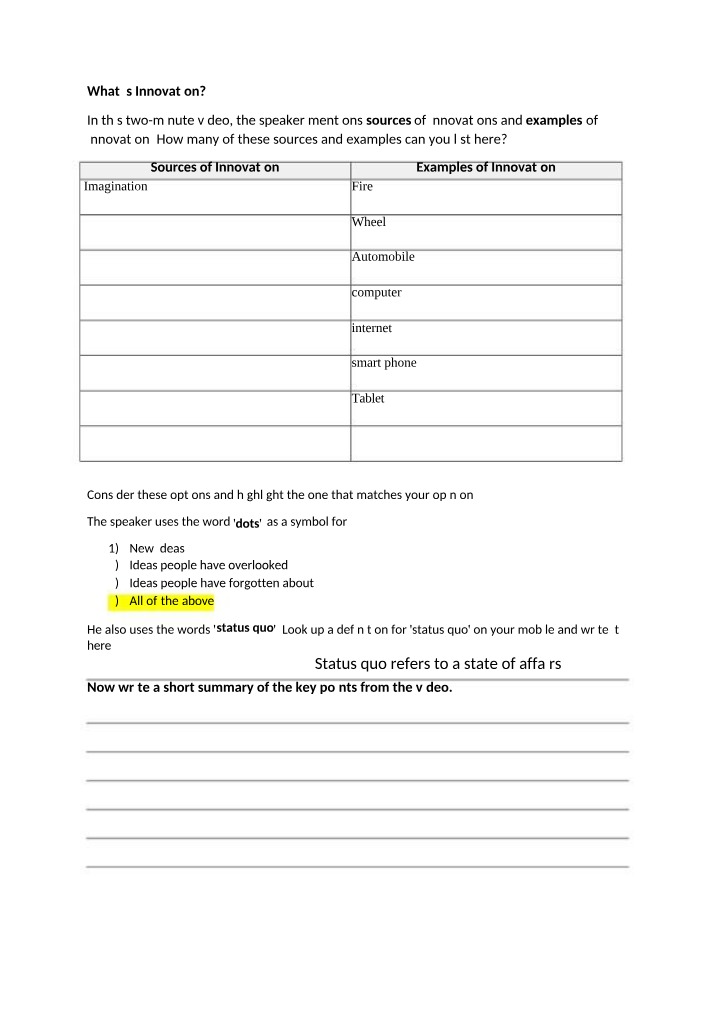 Worksheet - Innovation Sources and Examples