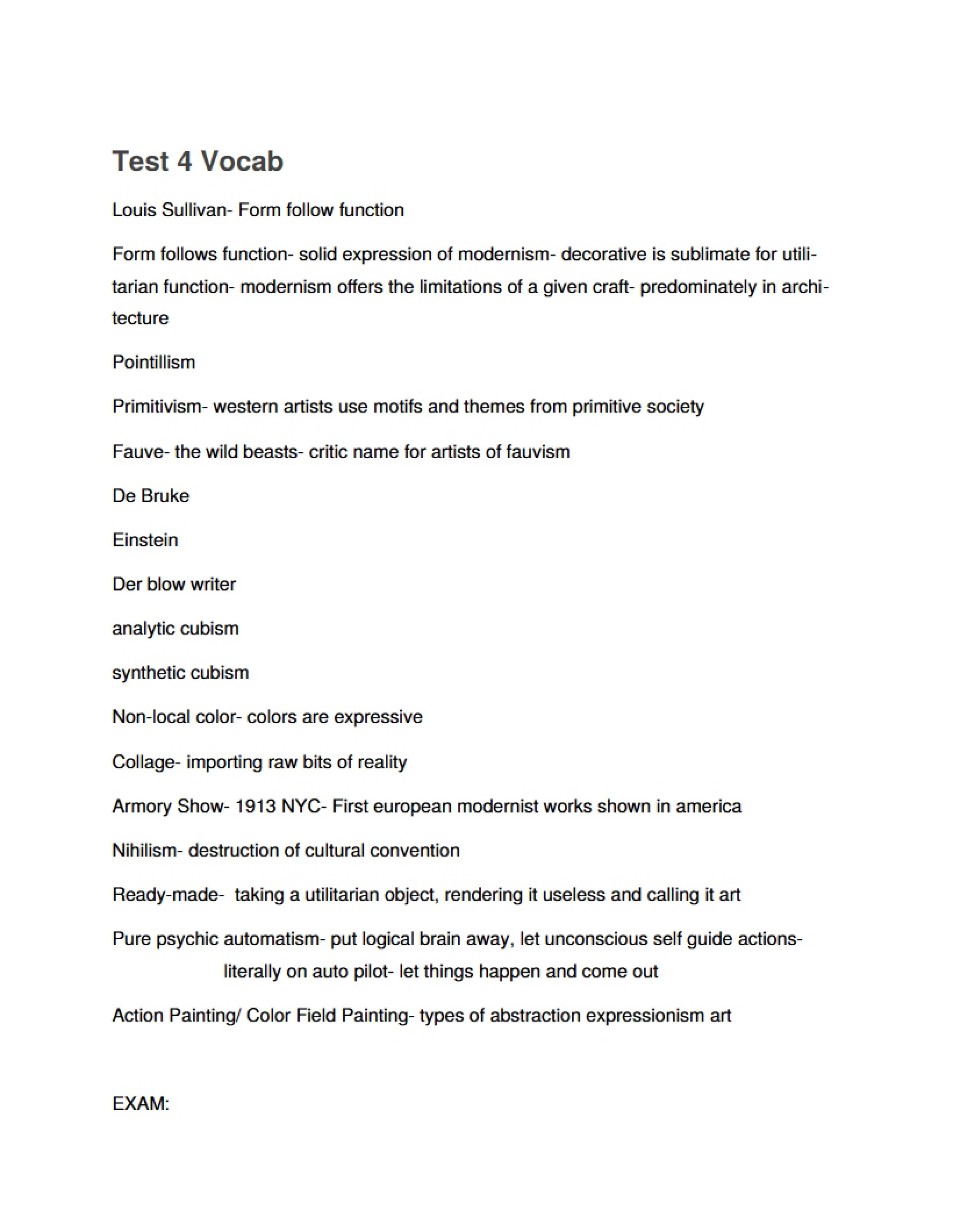 Vocabulary for Fourth Test