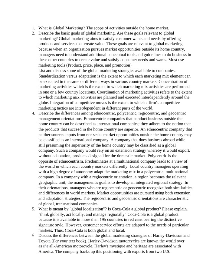 Questions and Answers for Global Marketing