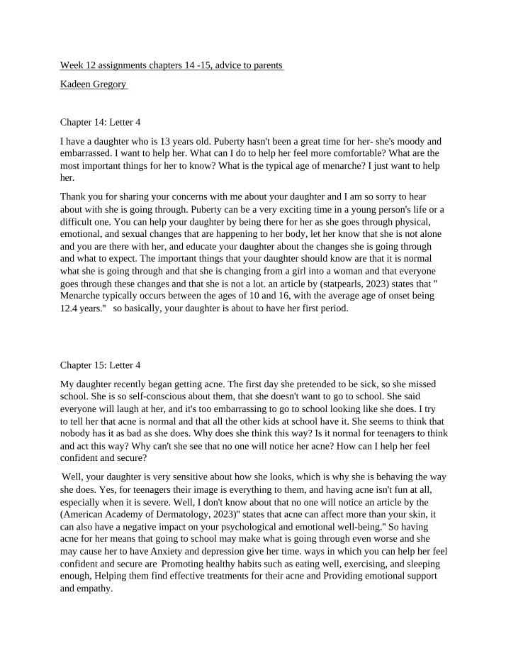 Advice to Parents - Week 12 Chapters 14-15 Assignments