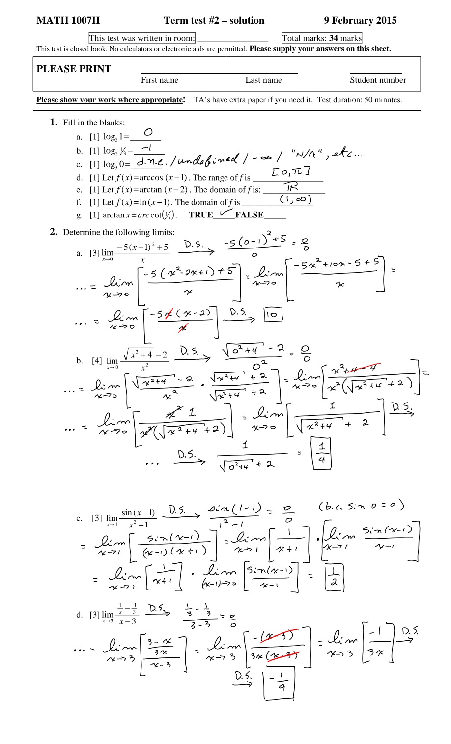 Term Test 2 Solution - MATH 1007H