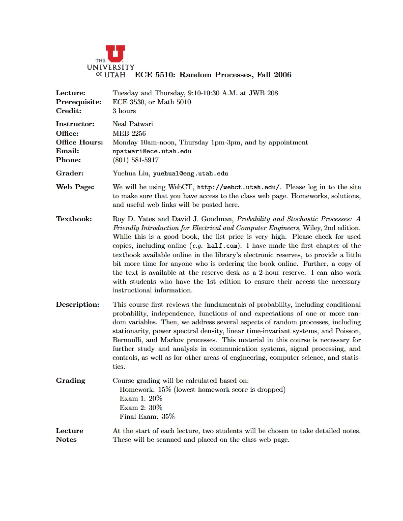 Random Process Syllabus