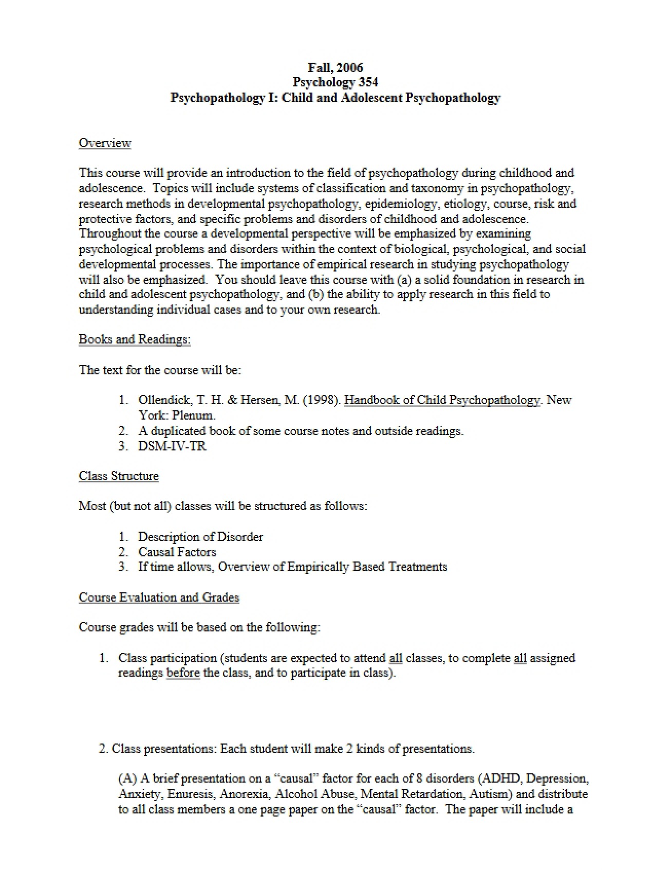 Course Syllabus for Psychopathology I