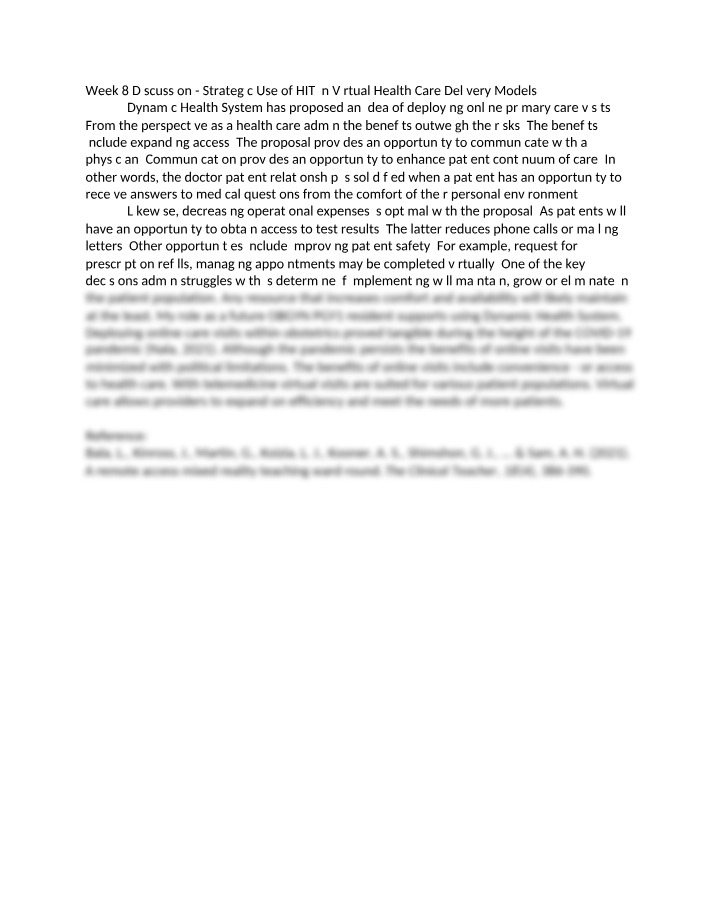 Week 8 Discussion - Strategic Use of HIT in Virtual Health Care