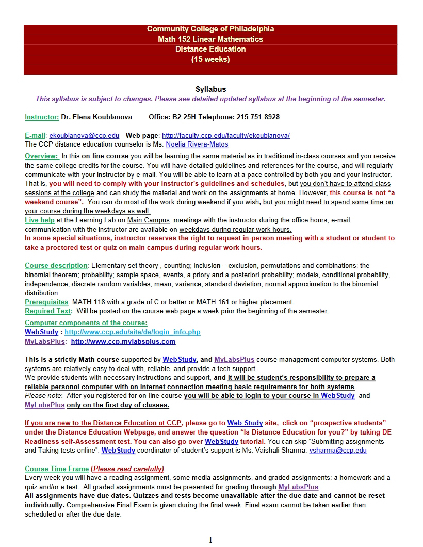 Syllabus for Math 152