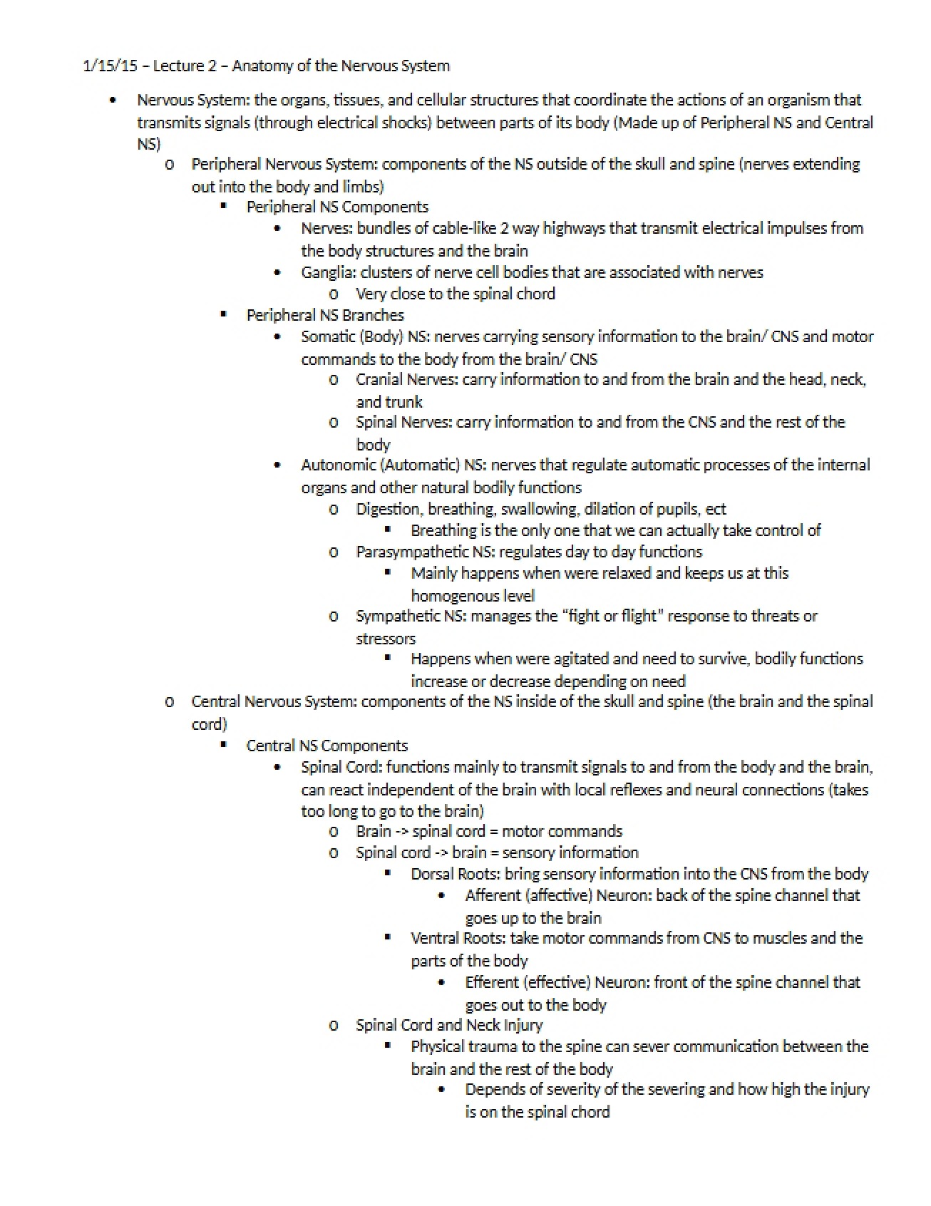 Second Lecture Notes for Biological Psychology