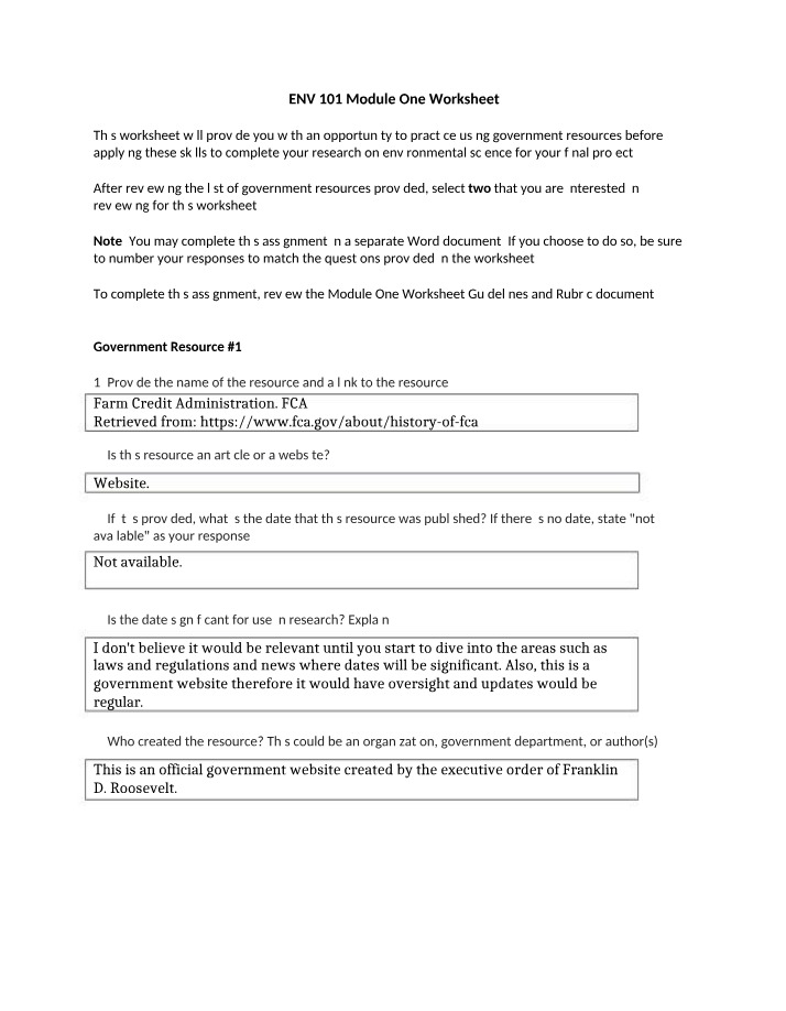 Module One Worksheet - ENV 101
