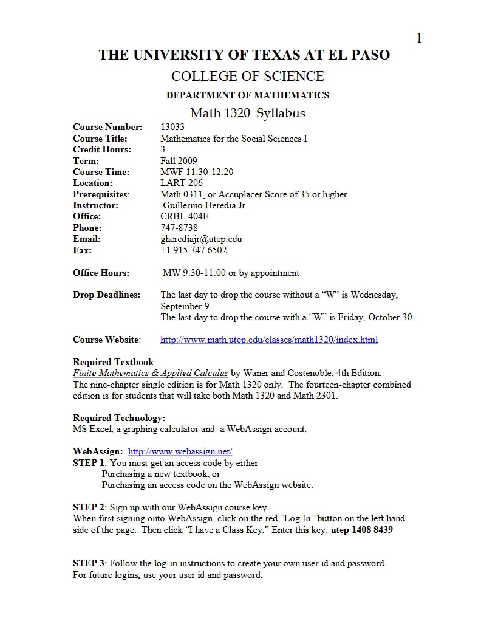 Math for Social Sciences I Syllabus - MATH 1320
