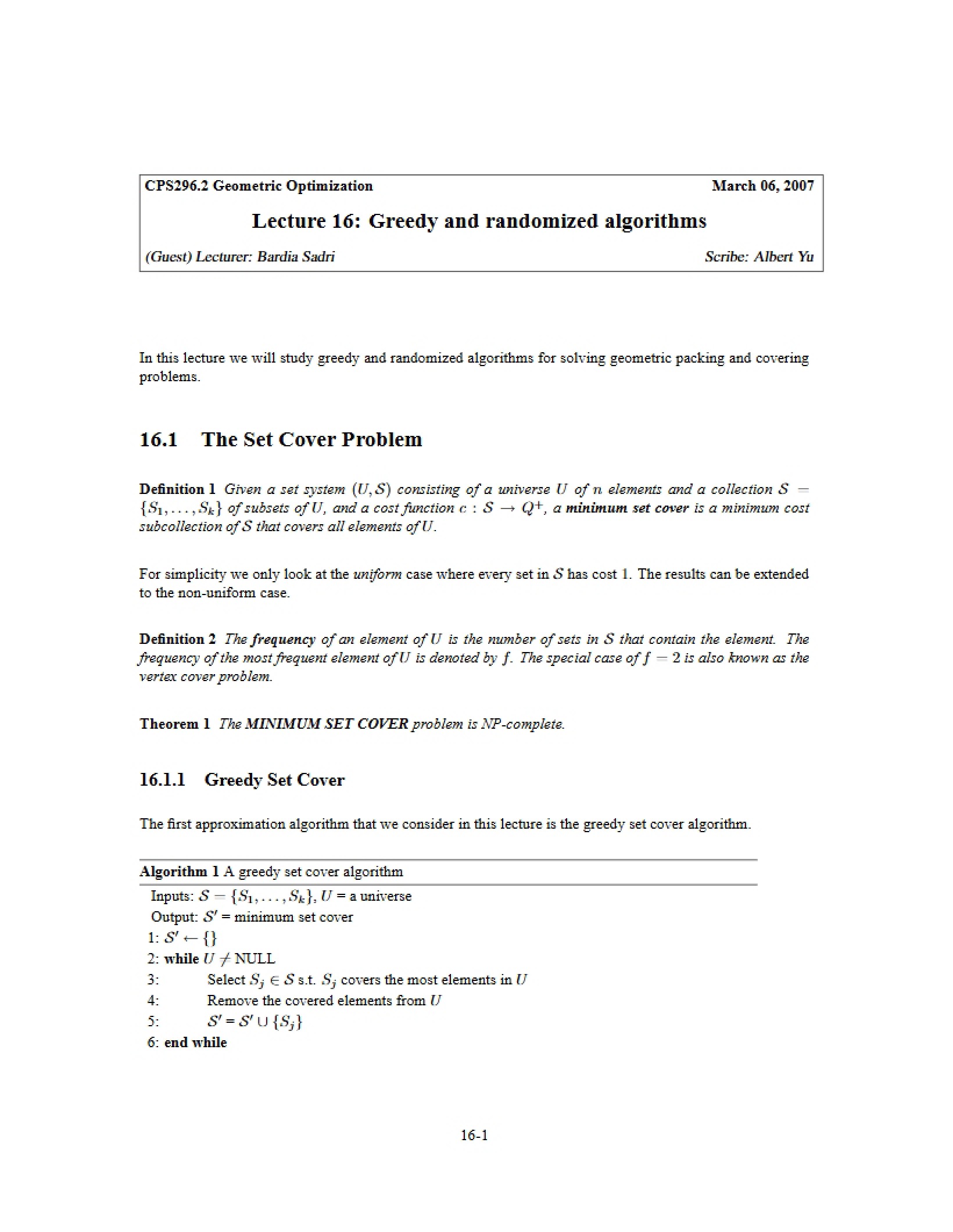 Randomized and Greedy Algorithms (Lecture 16)