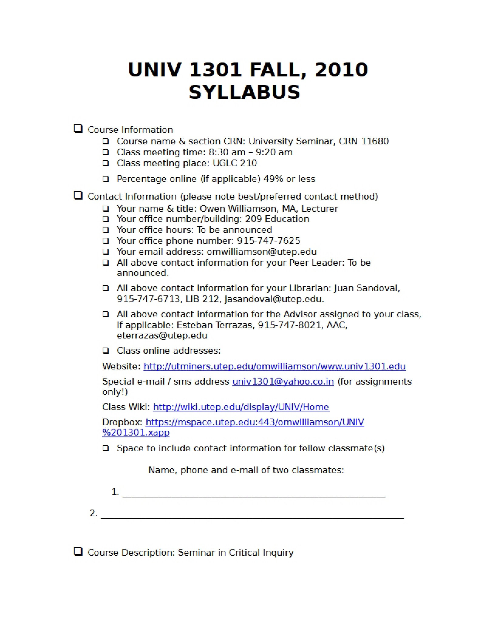 Critical Inquiry Seminar Syllabus