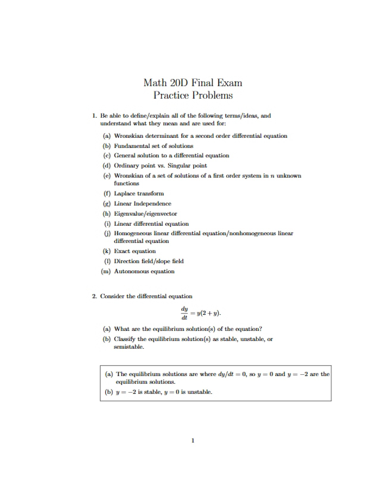 End-of-Term Differential Equations Examination