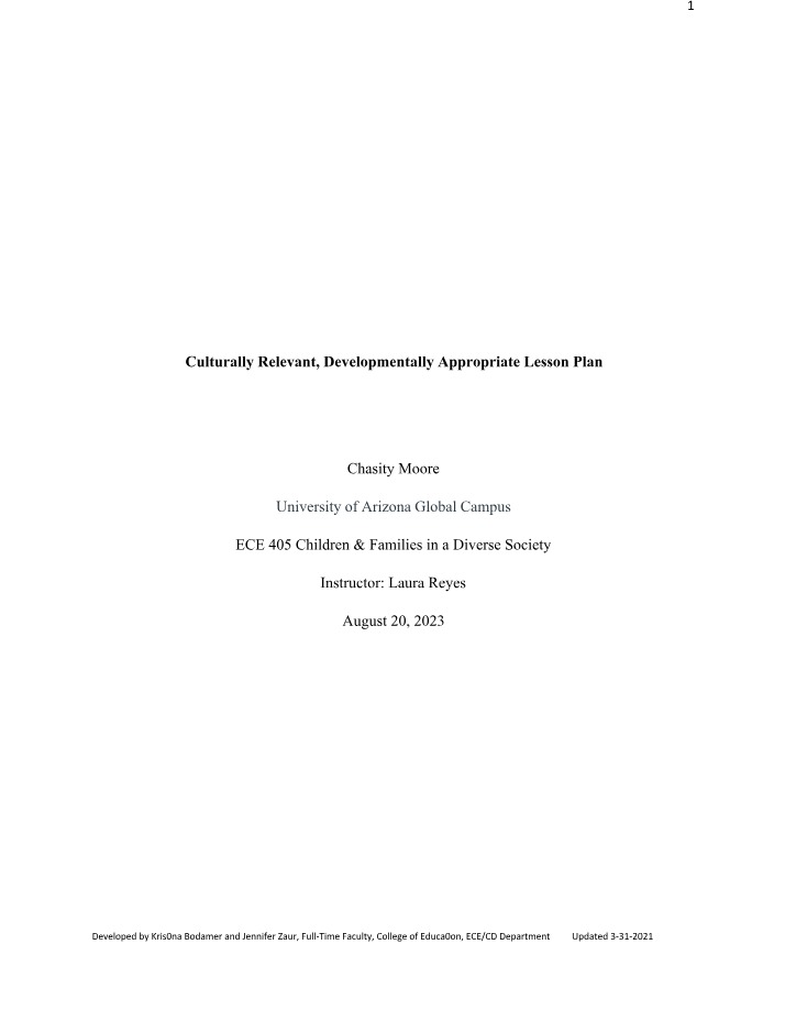 Culturally Relevant and Developmentally Appropriate Lesson Plan - ECE 405