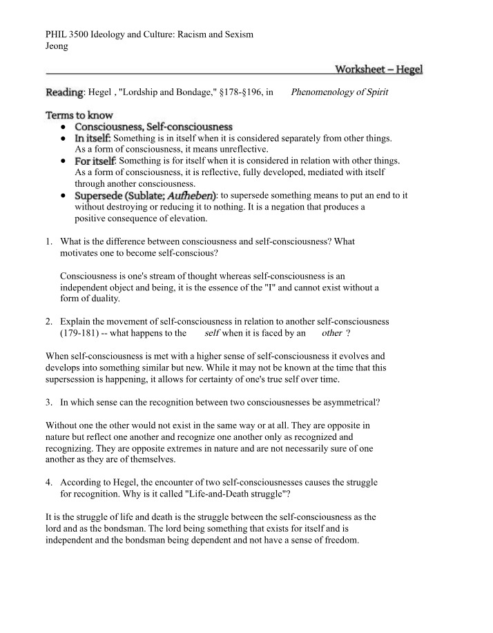 Worksheet on Hegel's Lordship and Bondage