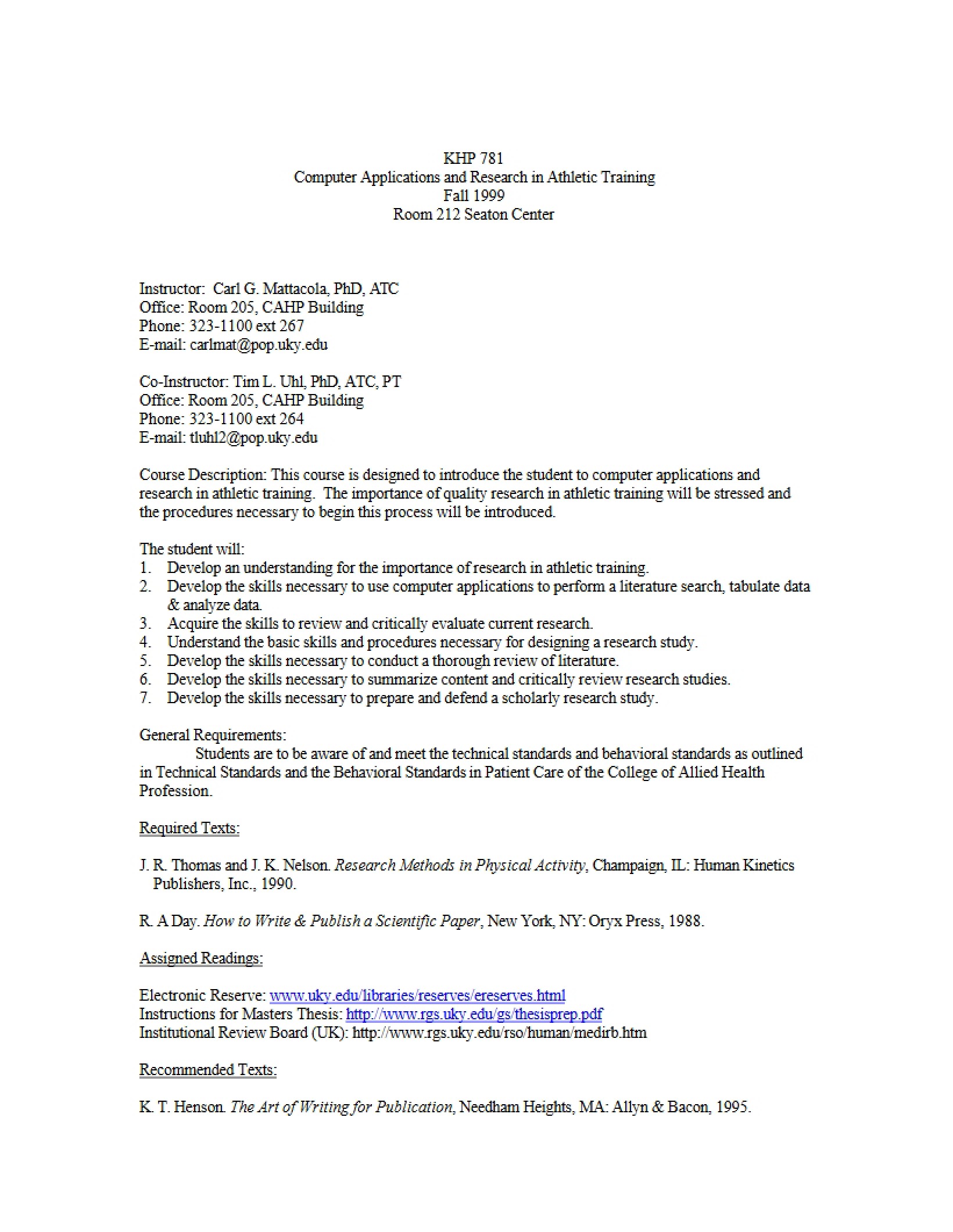 Syllabus for Athletic Training Computer Apps