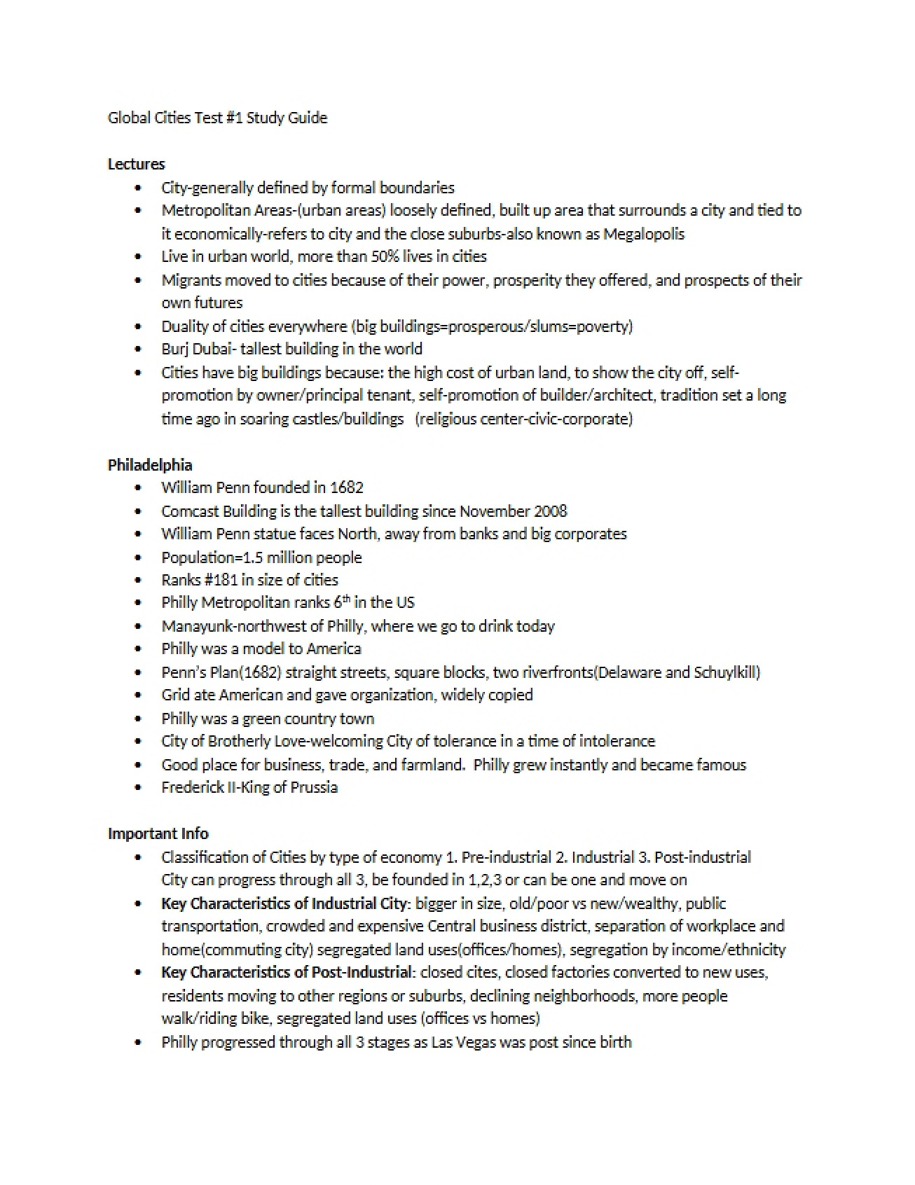 Study Guide for the First Global Cities Test