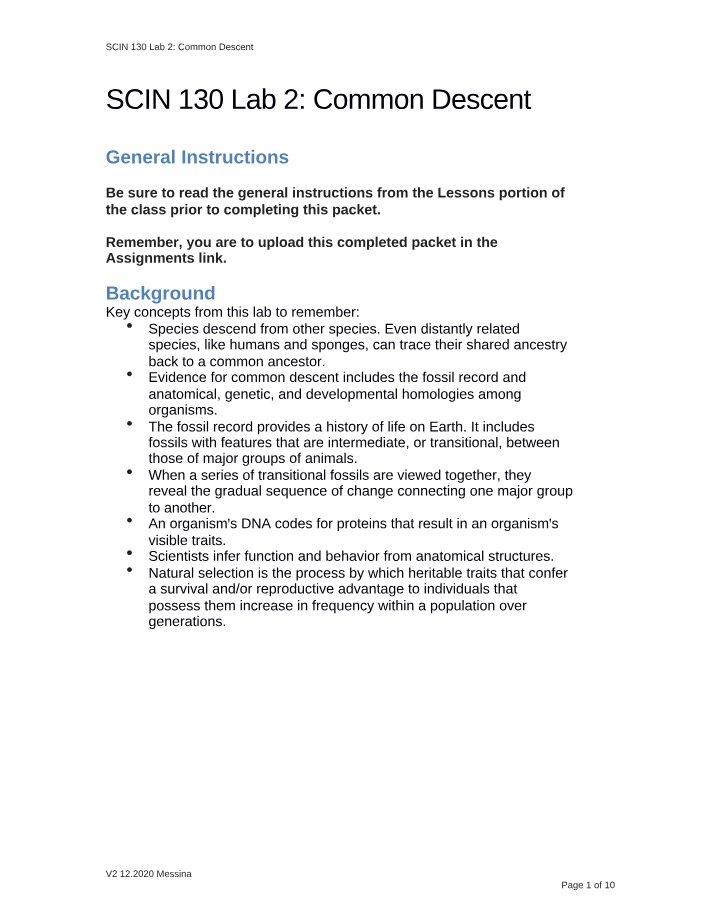 Common Descent - SCIN 130 Lab 2