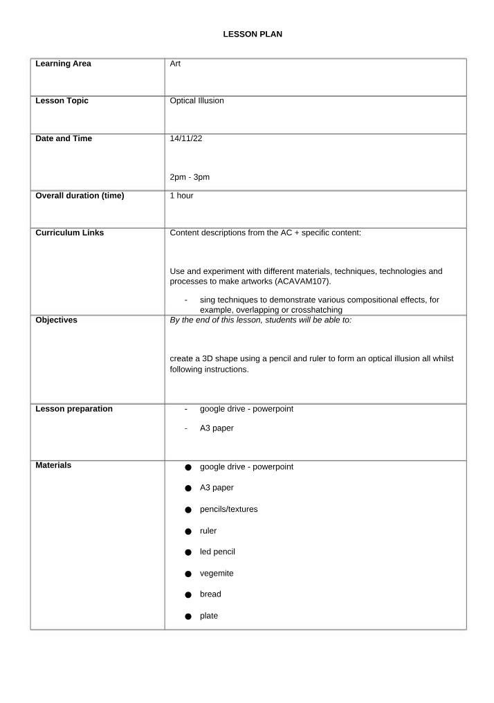 Lesson Plan for Optical Illusions