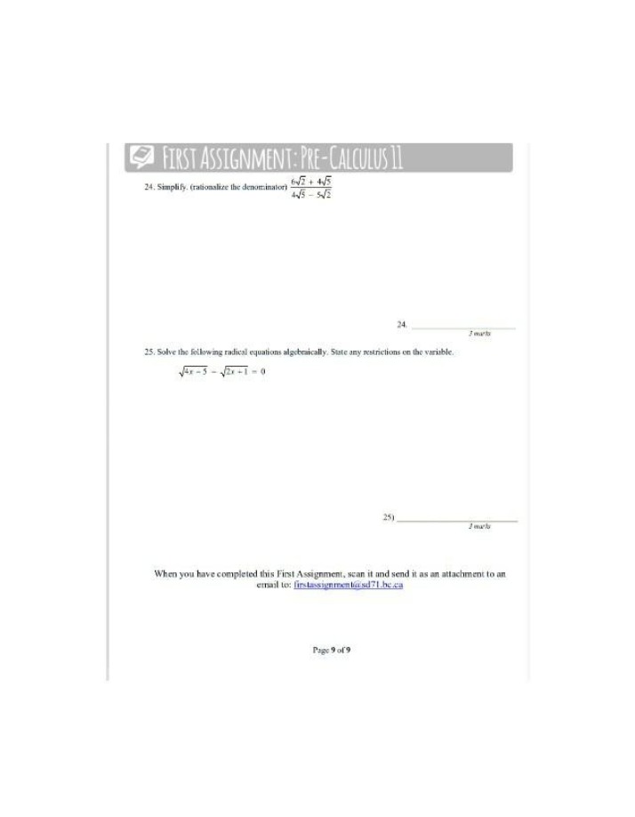 Simplify and Solve Radical Equations - Pre-Calculus Assignment