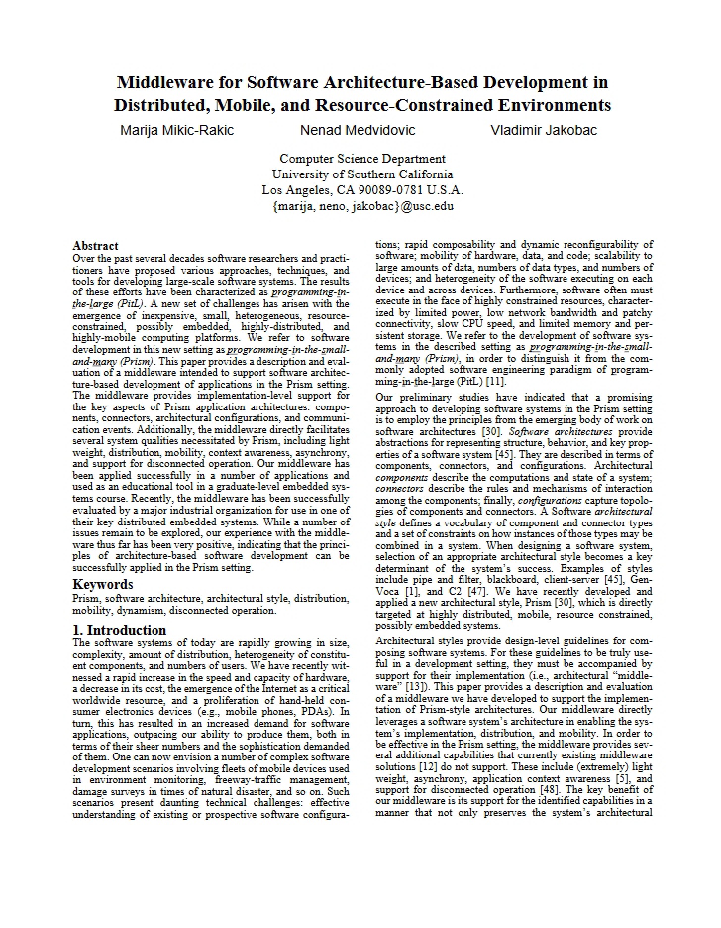 Paper by Mikic-Rakic, Medvidovic, and Jakobac