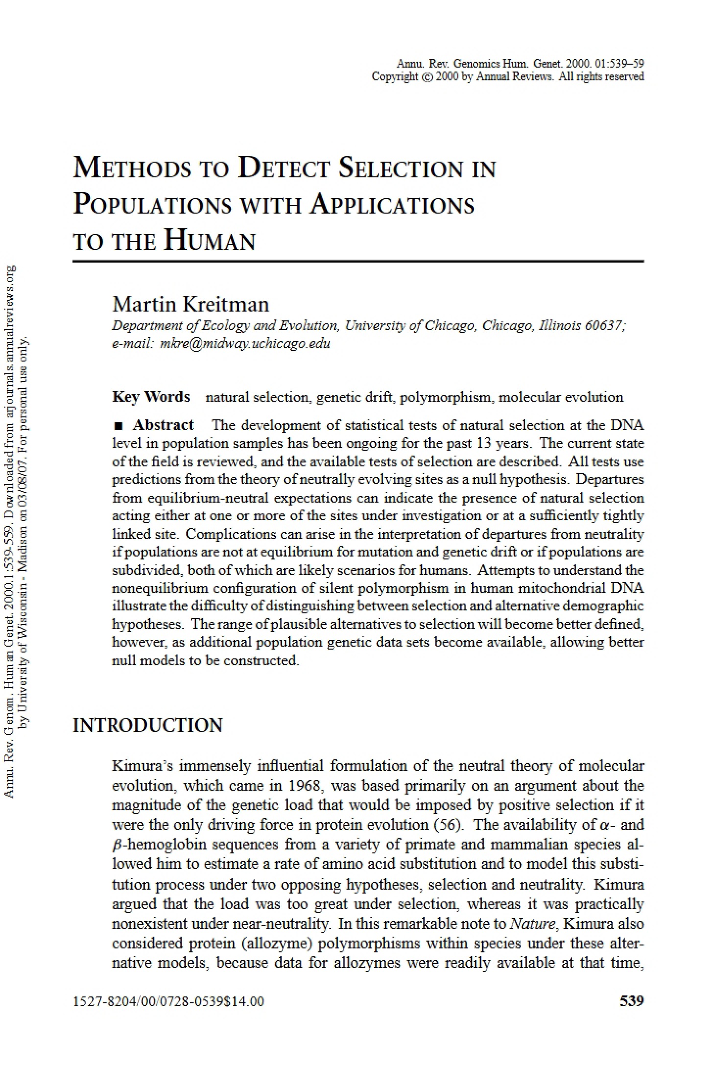 Detecting Selection in Populations Human Applications