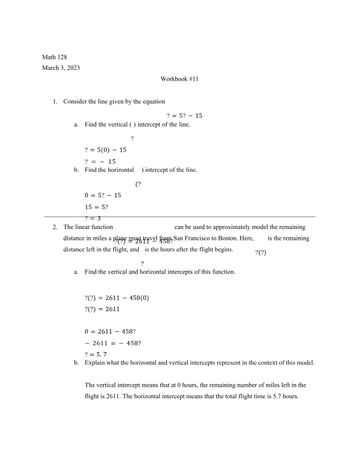 Math Workbook 11 - Finding Intercepts, Lines, and Linear Functions