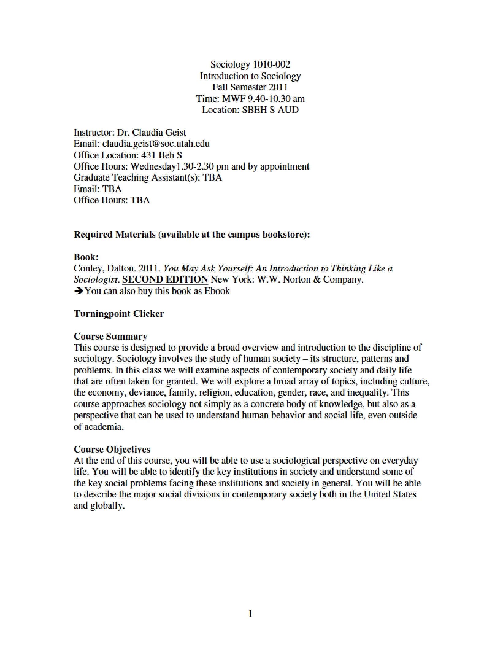 Syllabus for Sociology 1010 (3)