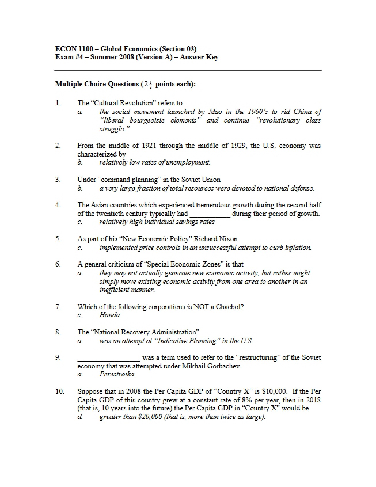 Global Economics Final Test (Set 4)