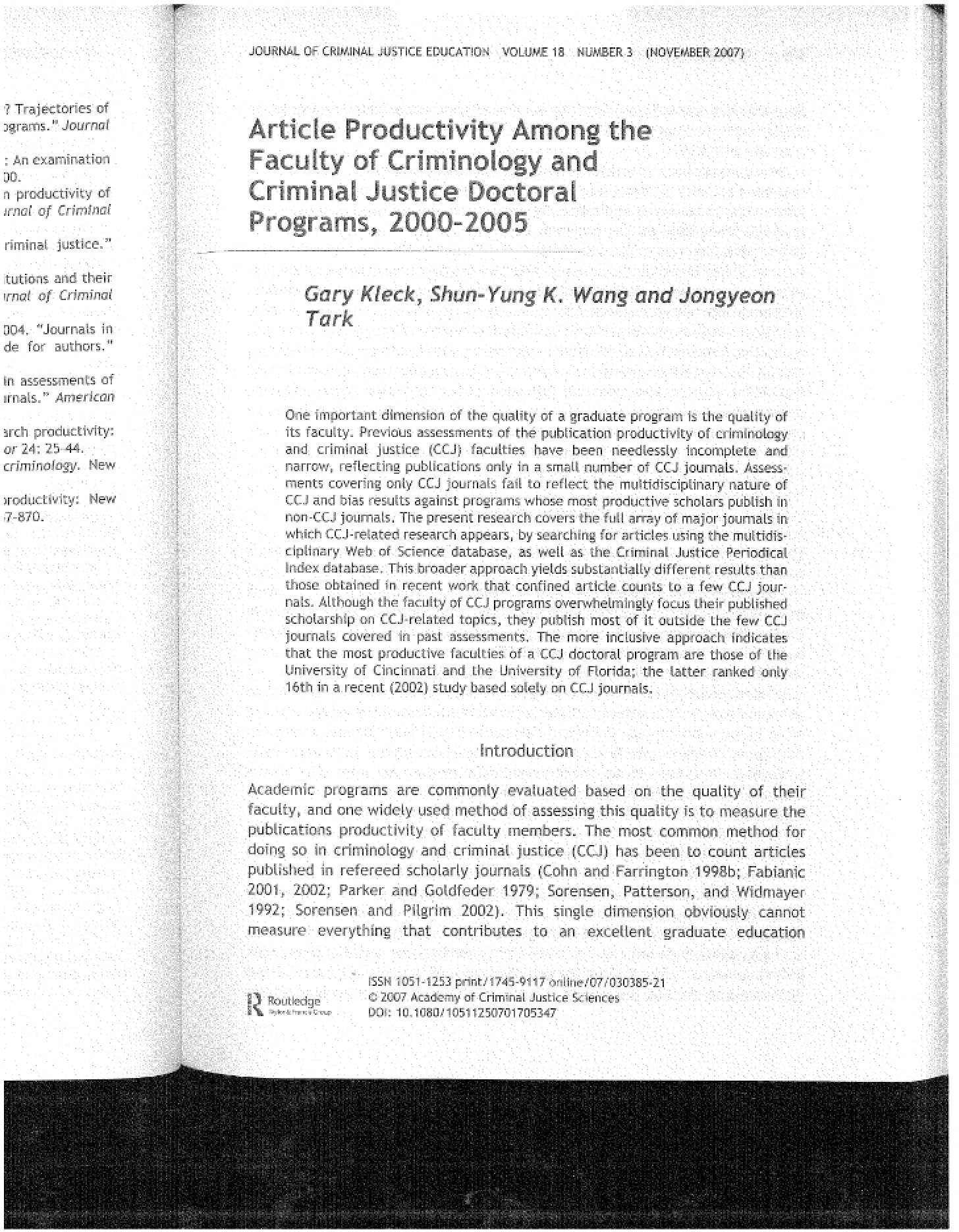 Faculty Productivity in Criminology Doctoral Programs